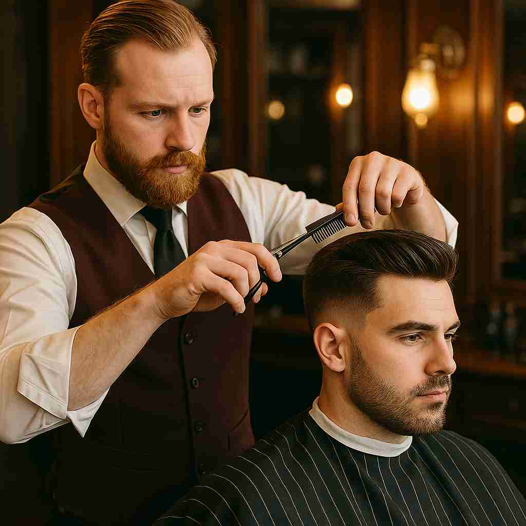 Barbeiro profissional cortando cabelo de cliente